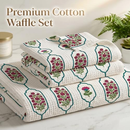 Image of Mafatlal Madhuban Hand Printed Towel Set (1 Bath 147x76 cm + 2 Hand 76x38 cm) | 250 GSM | Lightweight, Quick Dry Cotton | Vista White