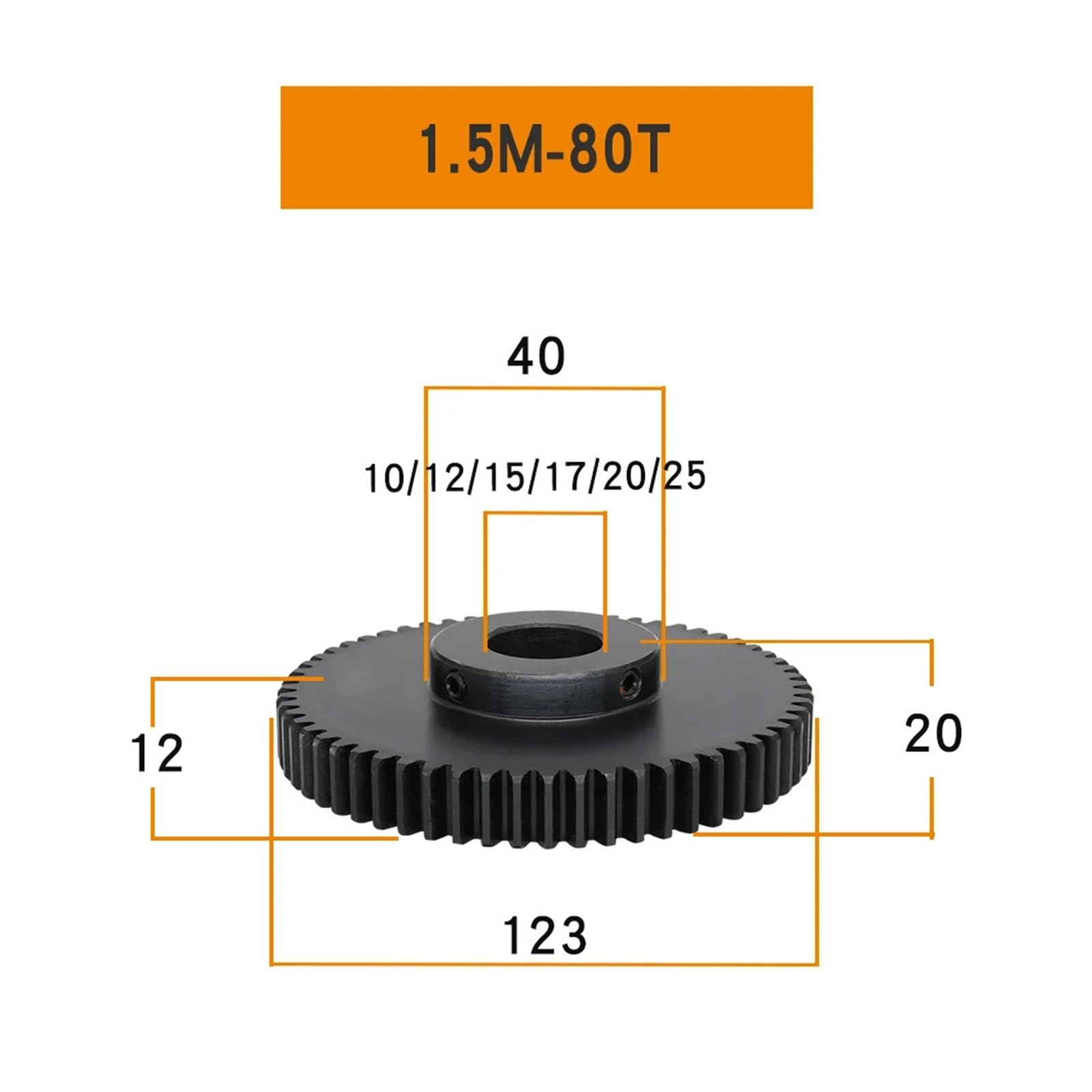 Bevel Gear Pinion Hardware Mechanical Cylindrical Gear 1.5M-80T Bore 10/12/15/16/19/20mm Teeth Thickness 12mm Blackening Carbon Steel Worm Gear(20 mm)