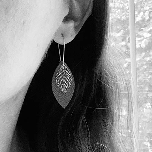 Leather Leaf Earrings Rustic Brown Leather Petal with Metal Leaf Charm Small Lightweight Bohemian Dangles