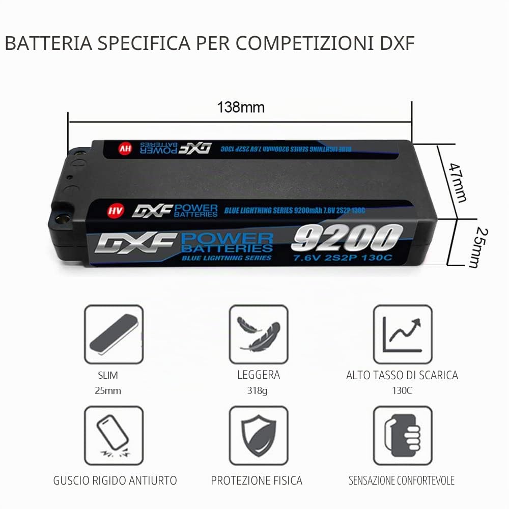 DXF Batteria LiPo 2S 7.6V 9200mAh 130C HV 2S2P Spina Deans T Bullet 5mm Auto RC 1/8 1/10 Truck Buggy Compatta Leggera Alta Potenza Massime Prestazioni 1 Pezzo