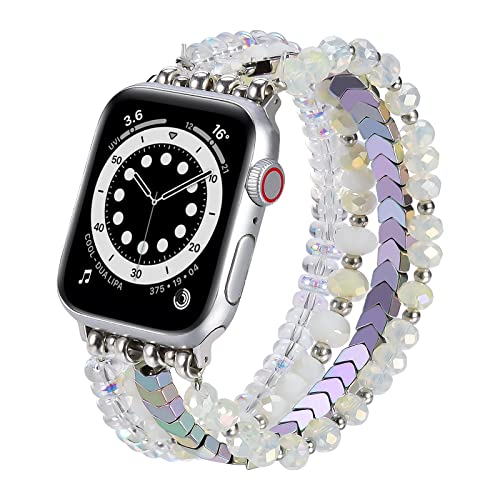 Image of MOFREE Beaded Bracelet Compatible with Apple Watch Band Series 11 /10 /9 /8 /7, Fashion Stretch Women Bands for iWatch Series SE /6 /5 /4 /3 /2 /1 iPhone Watch Strap Bands 42 /44 /45 /49 /46mm Iridescence