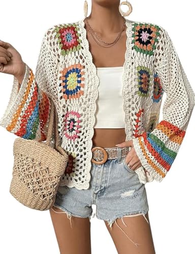 Kinghua Floral Crochet Cardigans for Women Trendy 2025 Spring Summer Hollow Out Open Front Boho Cardigan Sweater Tops, Beige, M