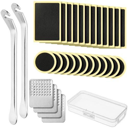 Cosmos Kit de reparación de neumáticos de bicicleta, kit de reparación de tubo interior de bicicleta sin pegamento con 24 parches autoadhesivos para neumáticos, 4 raspa de metal y 2 palancas de