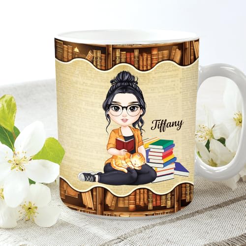 Image of Personalized Books Lover Mug, 11oz 15 oz Ceramic Coffee Cup, Just A Girl Who Loves Reading Books Design, Gift for Women Readers, Christmas (BOOK-RETRO)
