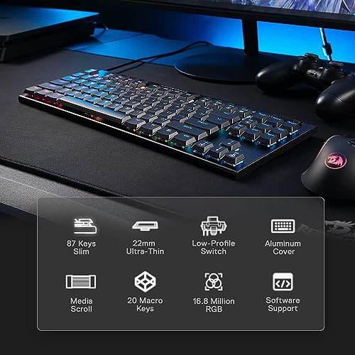 Redragon K622 TKL RGB Clavier mécanique, clavier de jeu filaire ultra fin avec touches plates, contrôle multimédia dédié et interrupteur marron, logiciel Pro pris en charge