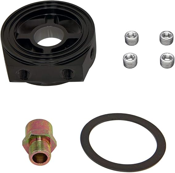 GlowShift Oil Filter Sandwich Plate Thread Adapter - 3/4-16 Thread - Install up to (4) 1/8-27 NPT Oil Pressure & Temperature Sensors - Includes O-Ring & Port Plugs