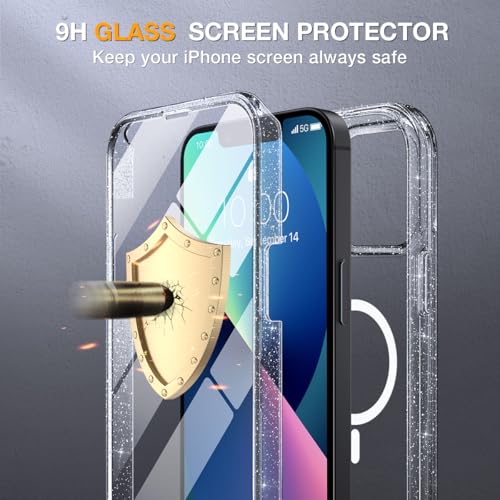 Image of Miracase for iPhone 13 Case 6.1'', [Bubble Free] Full-Body Bumper Phone case with Built-in Full Glass Screen,No Gap,Compatible with MagSafe,Drop Proof 13 Cover,Clear Glitter