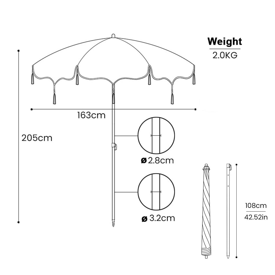 Ombrellone da Spiaggia con Frange, ombrellone da giardino inclinabile,decorativo da esterno per bordo piscina, balcone e giardino