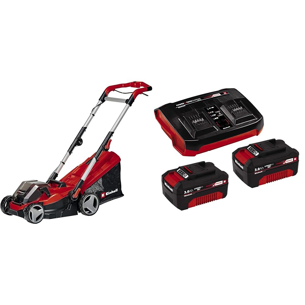 Einhell Cordless Lawnmower GE-cm 36/34-1 Li Power X-Change (Lithium-Ion, 5-Level Central Cutting Height Adjustment, Adjustable Guide Bar, Includes 2 x 3.0 Ah Batteries and Twincharger)