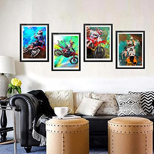 Motorcycle And Racer Poster Wall Art Prints,Watercolor Abstract Motorcycle Racing Racer Art Posters For Men Cave Teen Boys Room Decoration Motorcycle Racing Art Canvas Print Modern Motorcycle Art Gift For Motocross Fans Boys Or Girls Room Decoration,Set Of 4(8"X10" Inches,Unframed). #TOP1