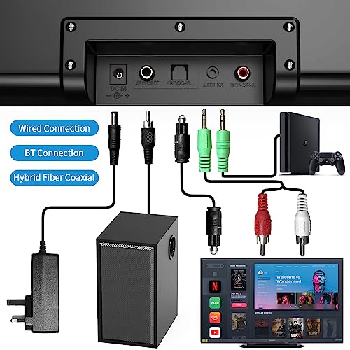 TV Speakers, Home Theater Speaker Wireless Audio Soundbar TV Speaker + Bass Subwoofer Wired Connect, Bluetooth Enabled/Optical/AUX/COAXIAL Inputs with Remote Control - Thumbnail 4