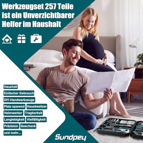 Sundpey 257 tlg Werkzeugkoffer Gefüllt - Universelles Handwerkzeug-Set mit Ratschen & Steckschlüssel, Tragbarer Kompletter Werkzeugkasten in Blau