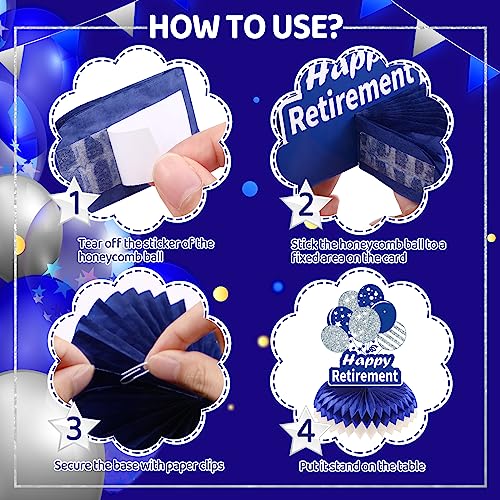 Image of 8Pcs Blue Retirement Decorations Navy Blue Silver Happy Retirement Table Honeycomb Centerpieces Farewell Table Topper Decor for Men Women Office Going Away Photo Booth Props Labor Day Party Supplies