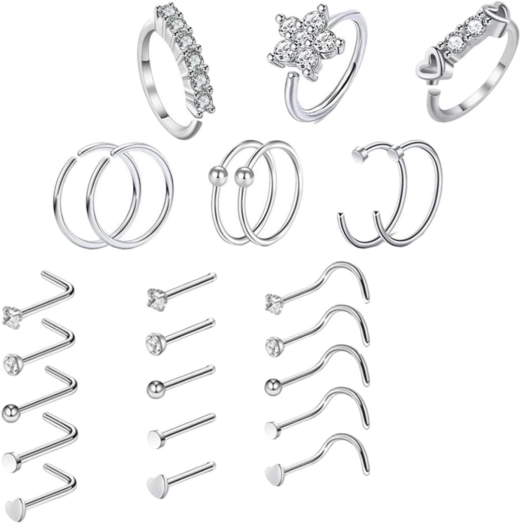 24pcs Stainless Steel Nose Rings and Zircon Nose Piercing Studs Set for Women and Men Body Jewelry Piercing Accessories