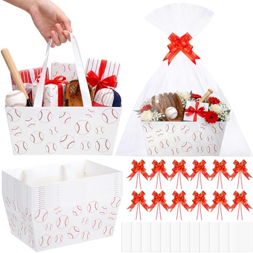 Moinchore 12 Set Baseball Basket for Gifts Empty 9.8x6.5 Red White Sports Market Tray Cardboard with Bows Cellophane Bags Twist Tiles Empty to Fill for Birthday Bridal Wedding Party Supply