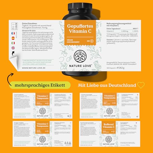 NATURE LOVE® Gepuffertes Vitamin C - Hochdosiert mit 1000mg Vitamin C je Tagesdosis - 365 Kapseln - pH-neutral & gut verträglich - Vegan 6