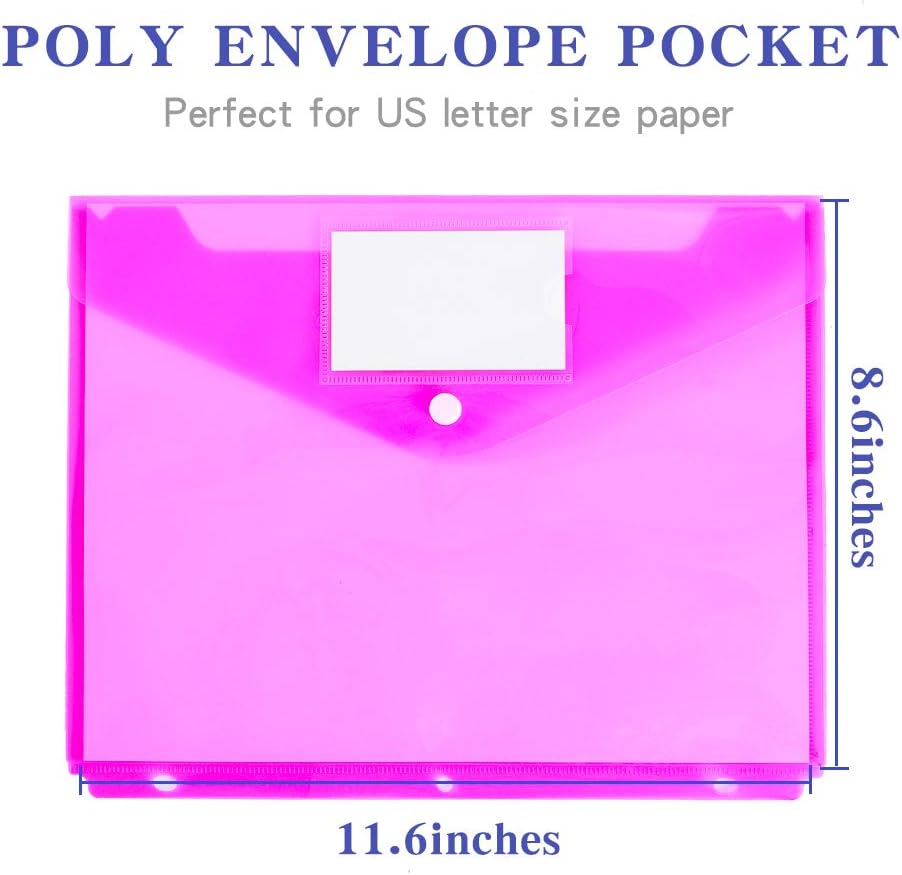 12 Pack Poly Binder Pocket, Side Loading,Letter Size, Pocket Folders Poly Envelopes Clear Document Folders for 3 Ring Binder with Label Pocket & Snap Button