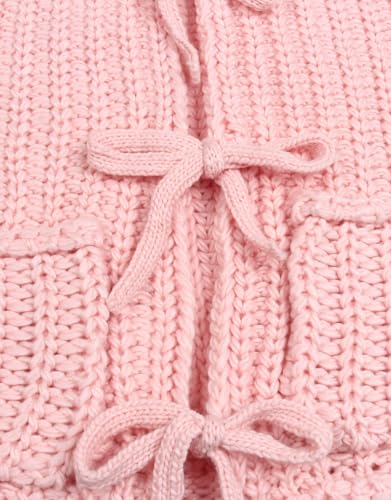 Image of Trendy Cardigan Sweater Vest Crochet Knit Top Sleeveless Bows with Pockets