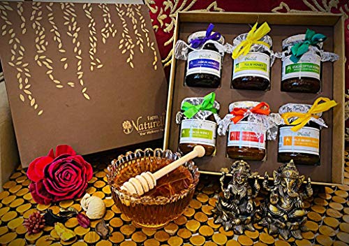 Stunningly Beautiful Corporate Diwali Gift Box Gifts Box-150Â GMS x 6 Varieties of Raw Honey in Brown Color Box with Honey Dipper & Smart Kraft Carry Bag
