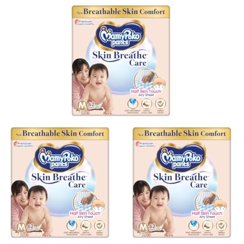 Image of MamyPoko Pants Skin Breathe Care | Baby Diapers Medium Size (M) | 62 Count | 7-12Kgs | Half Skin Touch Airy Sheet | 3X Breathable | Derma Tested (Pack of 3)