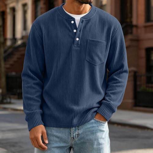 Corduroy Shirt Men Henley Shirts for Men Long Sleeve Button Down Fall Clothes Ribbed Corduroy Sweatshirt Navy Large - image 3