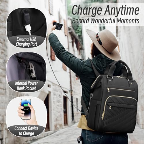 17.3" Laptop Backpack for Women, Stylish Backpack Purse, Waterproof Teacher Nurse Backpack, College Casual Daypack with USB Port, Black4