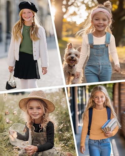 Image of 4 Pack Girls Long Sleeve Shirts Ribbed Knit Cotton Crewneck Tops Slim Fit Soft Casual Kids Base Layer Undershirts