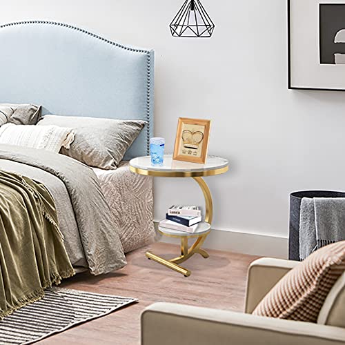 Binzhi Luxury Marble Sofa Side Table Corner Table Living Room Sofa End Bedside Table Small Round Coffee Table (White) #TOP4