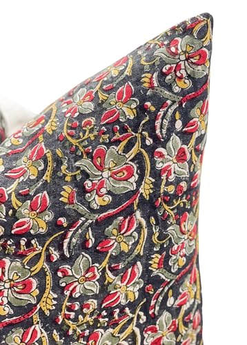 Krinto Black and Coral Floral Design on Natural Linen Pillow Cover, Black and Red Pillow Cover, Boho Pillow, Farmhouse Pillow, Floral Pillow (Black,Red, Olive and Mustard., 14