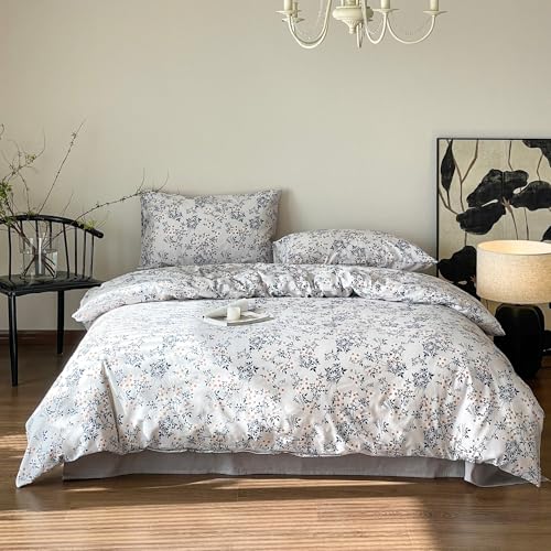 Luowei Juego de ropa de cama de 135 x 200 cm con diseño de flores, color blanco y azul, 100% algodón, suave y sencillo, funda nórdica con certificado Oeko-Tex, ropa de cama de 2 piezas con cremallera