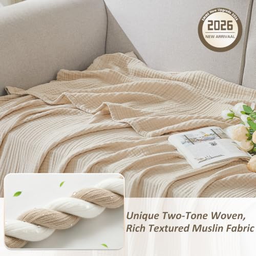 Image of EMME Cotton Muslin Throw Blanket Couch Breathable Gauze Soft Lightweight Bed Blankets Adults (Heather Beige, 50 inchx60 inch)