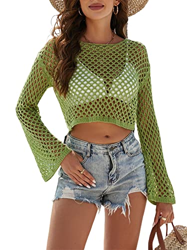 KEOMUD Blusa feminina de malha de crochê, manga comprida, vazada,...
