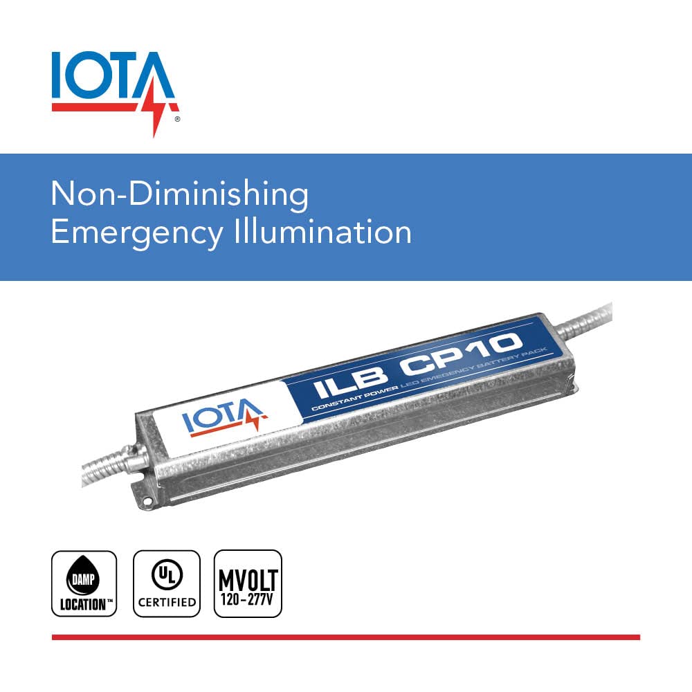 IOTA 10W Emergency LED Driver for Class 2 LED Luminaires. Constant Wattage Output. Universal 120-277V Input. Auto-Sense 10-60VDC Forward Voltage. Galvanized Steel Housing, 24 in. Ni-Cad Battery