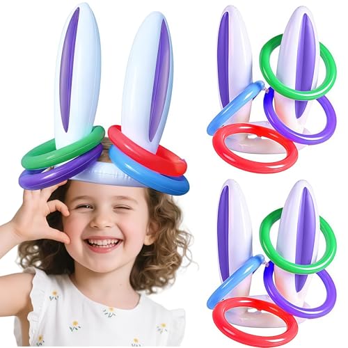 Conjunto insuflável de anel com tiro, 2 chapéus insufláveis de coelho da Páscoa com 8 aros, Easter Gifts for Kids, jogos de lançamento para festas de Páscoa para crianças e família