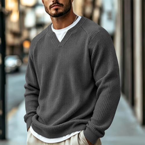 Mens Waffle Shirt Long Sleeve Plus Size Textured V Neck Thermal Work Shirts - image 2