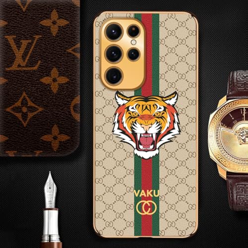 Image of Vaku Luxos Lynx Design Back Cover for Samsung Galaxy S23 Ultra with Leather Pattern Gold Electroplated Soft TPU Cover Shockproof Protective Case - Gold