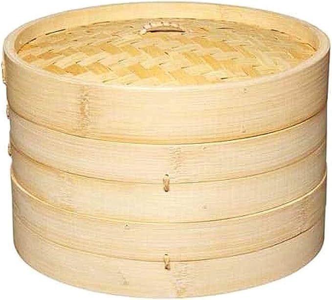 Handmade Bamboo 2 Tier Steamer with Lid, 10in