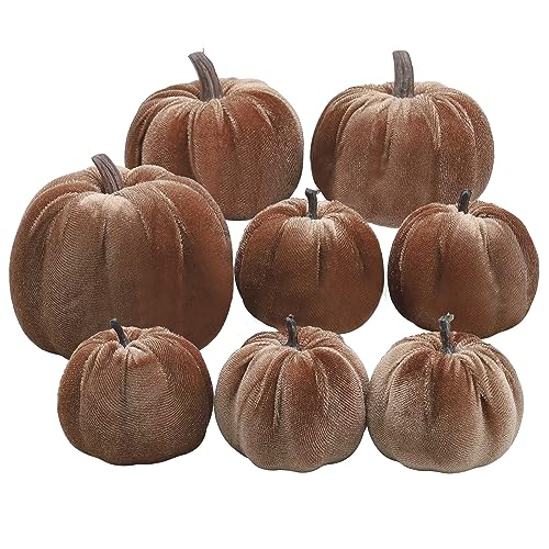 Woration 8pcs Velvet Champagne Pumpkins Fall Harvest Home Artificial Halloween Pumpkins Theme Thanksgiving Party Centerpiece Table Mantel Décor Assorted Sizes