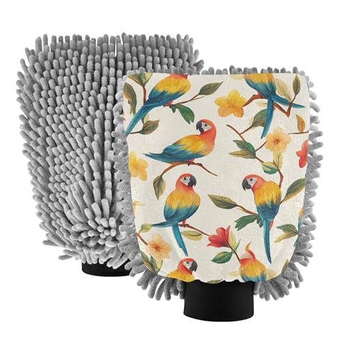 Wudan Cartoon Funny Macaw Neutral Car Wash Microfiber Mitt 2 Pack Car Clean Gloves Non Scratch Clean Sponges for Wash Drying