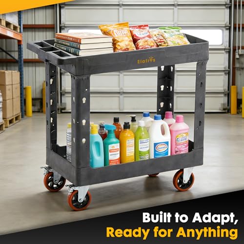 Image of ELAFROS 2-Tier Heavy Duty Utility Rolling Cart, 34 x 17 in, 5 inch Wheels, Gray