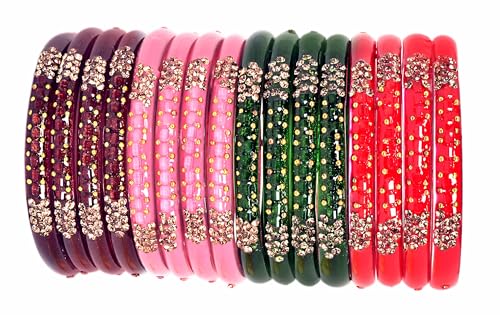 Image of Swara Creations Glass Bangles /Kadas for Women | Studded with Zircon & Golden dots |Fancy smooth finish Kadas | Red,Green,Mehrun,Pink Colors (16Pcs)(SKU296)
