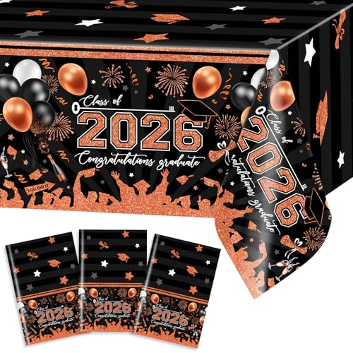 Avezano 3 pcs Graduation Tablecloths 108x54 inch Graduation Table Cloths Class of 2026 Orange and Black Grad Party Tablecover Decorations Plastic Disposable