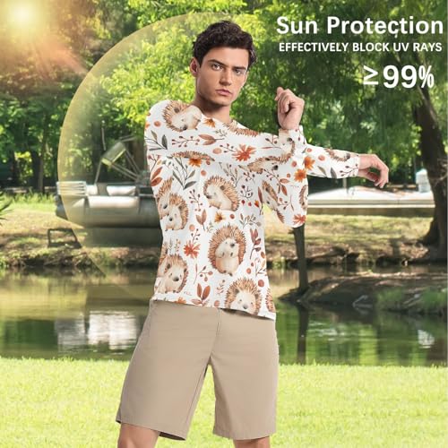 Bolaz Mens UV Protection Shirts Rash Guard Long Sleeve UPF 50+ Hedgehog Leaves Flower Quick Dry S4
