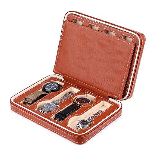 ONEISALL Watch Travel Case for Men Women Leatherette Portable Zippered Watch Display Box Organizer (8 Grids Brown)