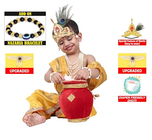 Image of Raj Fancy Dresses Shri Krishna Dress for Baby Boy & Girl, Janmashtmi Dress with Diaper-friendly Dhoti & Dupatta, Mor Pankh Mukut