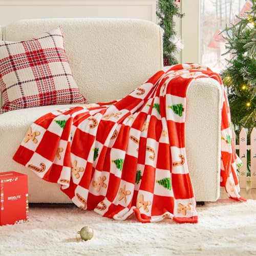 Image of BEDELITE Christmas Blanket Twin Size - Red and White Checkered Holiday Throw with Gingerbread Man, Candy Cane & Christmas Tree Pattern, Soft Fleece Christmas Blanket for Home Decor & Gift, 60 inchx80 inch