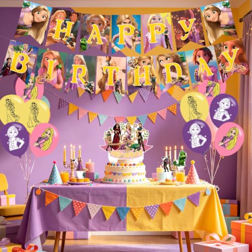 Princess Rapunzel Party Decorations,Princess Birthday Party Supplies Includes Banner- Cake Topper - 24 Cupcake Toppers - 18 Balloons by ELZEM - Used condition - Image 5