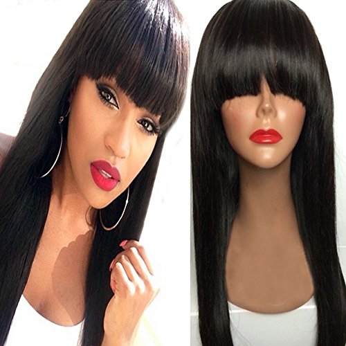 NiceToBuy Glueless Silky Straight Lace Front Wig with Bangs Brazilian Virgin Human Hair Wigs for Women #1b Natural Black Color 20inch