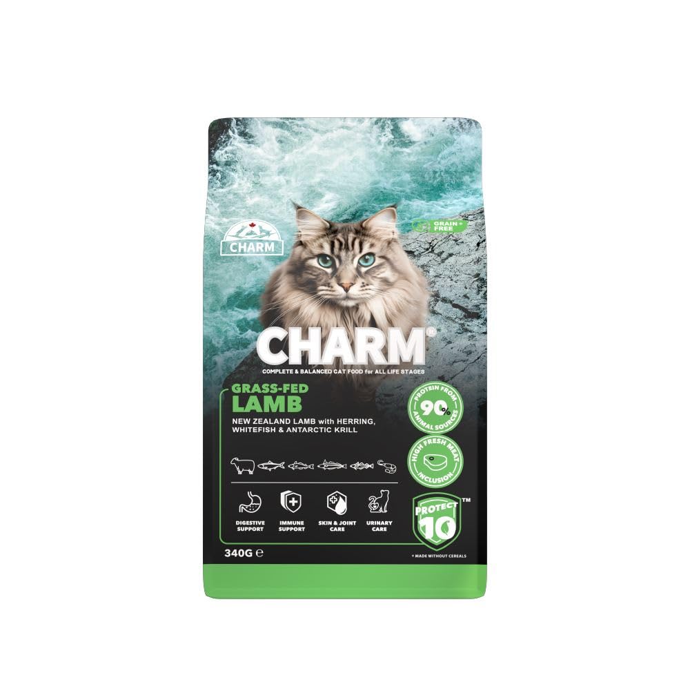 CHARM Pet Food Grass Fed Lamb Dry Cat Food 340G, High Protein, Complete & Balanced, Powergreens, Protect10 Functional Ingredients