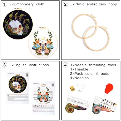 Image of Gothic Skull Embroidery Starter Kits for Beginners Adults, Halloween Stamped Cross Stitch Kit for Beginners Adults, Flowers Hand Embroidery Needlepoint Kit, 2 Embroidery Hoop (Attached Video Tutorial)